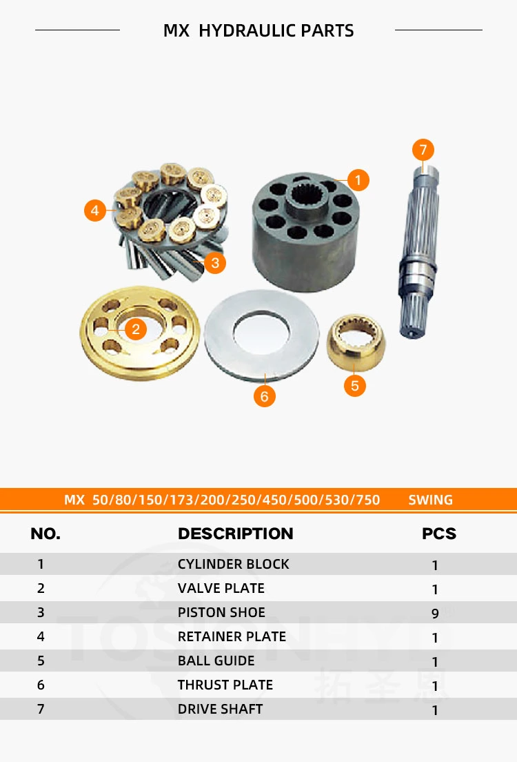 Mx50 Mx80 Mx150 Mx173 Mx200 Mx250 Mx450 Mx500 Mx530 Mx750 Hydraulic Pump Parts with Kawasaki Excavator Swing Motor Spare